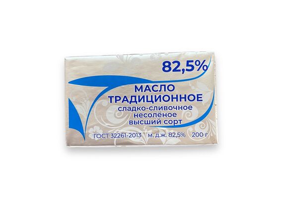 Масло Традиционное сладко-сливочное несоленое 82,5%,  200 гр (молочные берега)